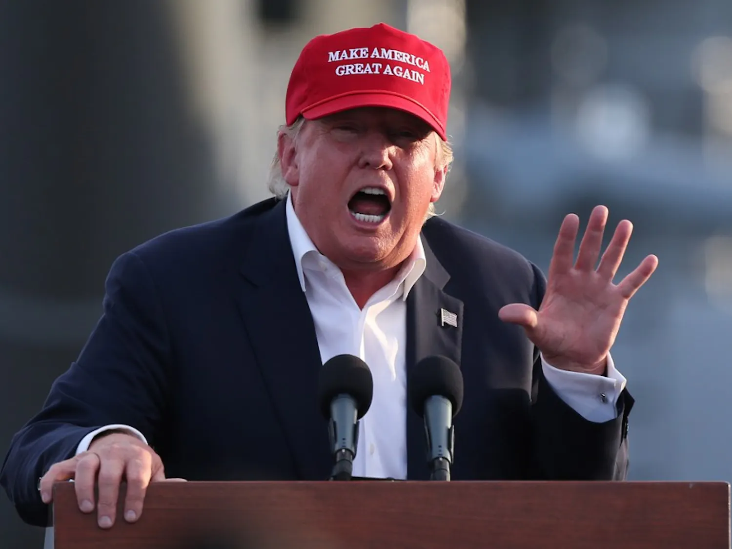 Republican presidential candidate Donald Trump makes a campaign stop aboard the USS Iowa battleship in Los Angeles on Tuesday, Sept. 15, 2015. (Robert Gauthier/Los Angeles Times/TNS)