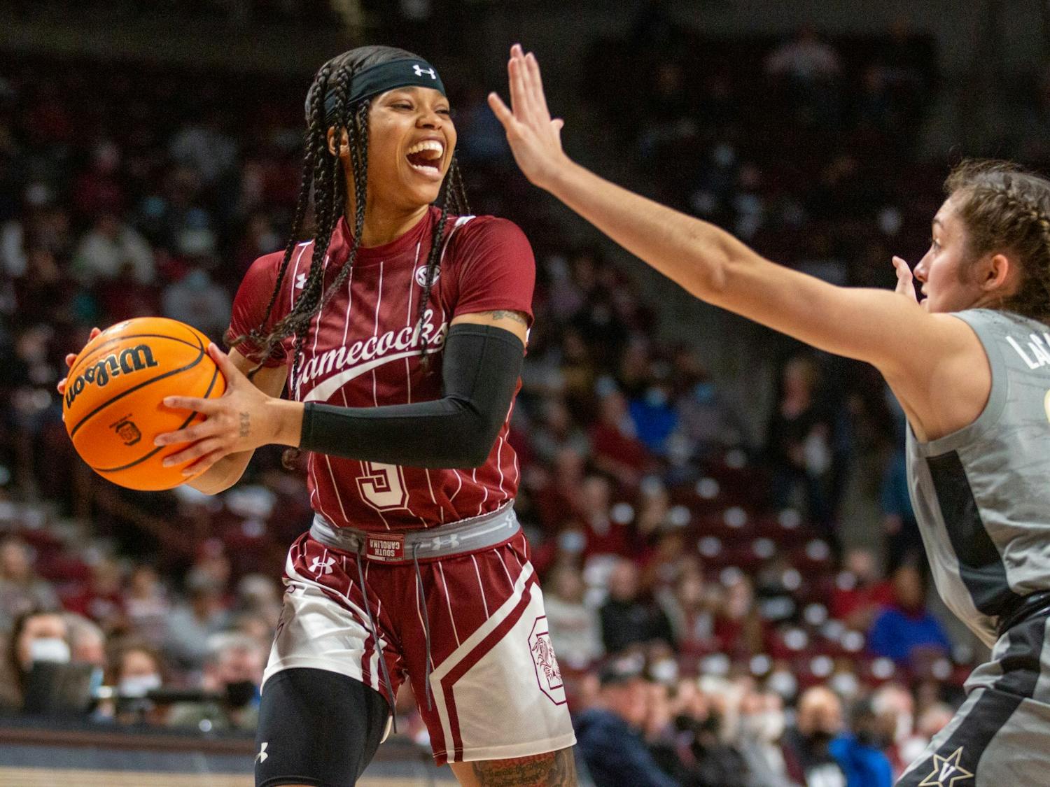 Senior Guard Destanni Henderson searches for an open teammate in a game against Vanderbilt at Colonial Life Arena on January 24, 2022. The Gamecocks dominated both halves and defeated the Commodores 85-30.