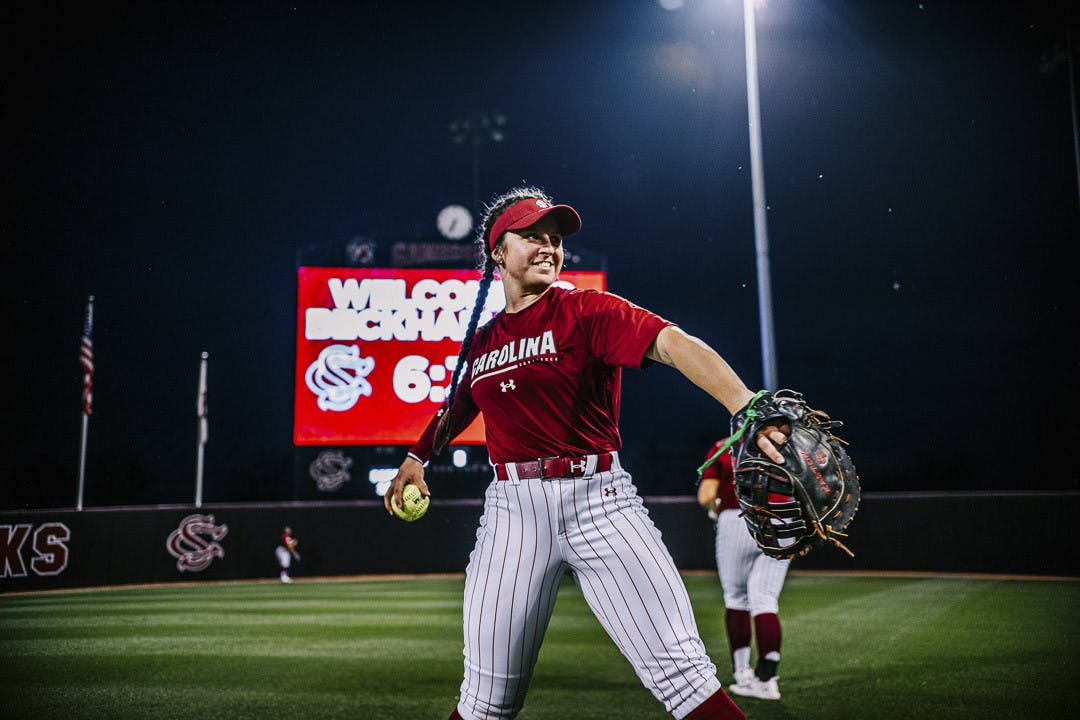 Fifth-year student Jordan Fabian warms up with her teammates before the home opener against the College of Charleston on February 15, 2023. The Gamecocks beat the Cougars 8-0.&nbsp;