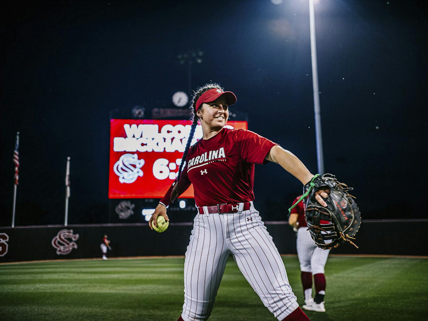 Fifth-year student Jordan Fabian warms up with her teammates before the home opener against the College of Charleston on February 15, 2023. The Gamecocks beat the Cougars 8-0.&nbsp;