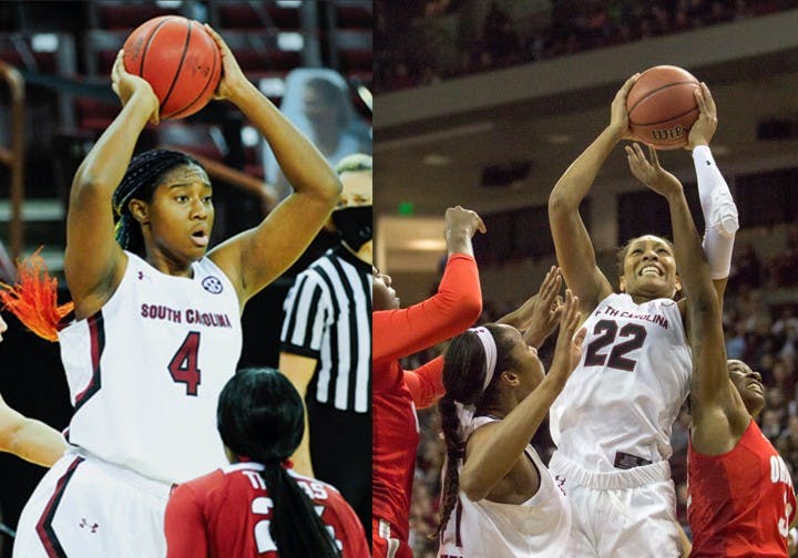 &nbsp;Sophomore forward Aliyah Boston and USC alum and women's basketball player A'ja Wilson.&nbsp;