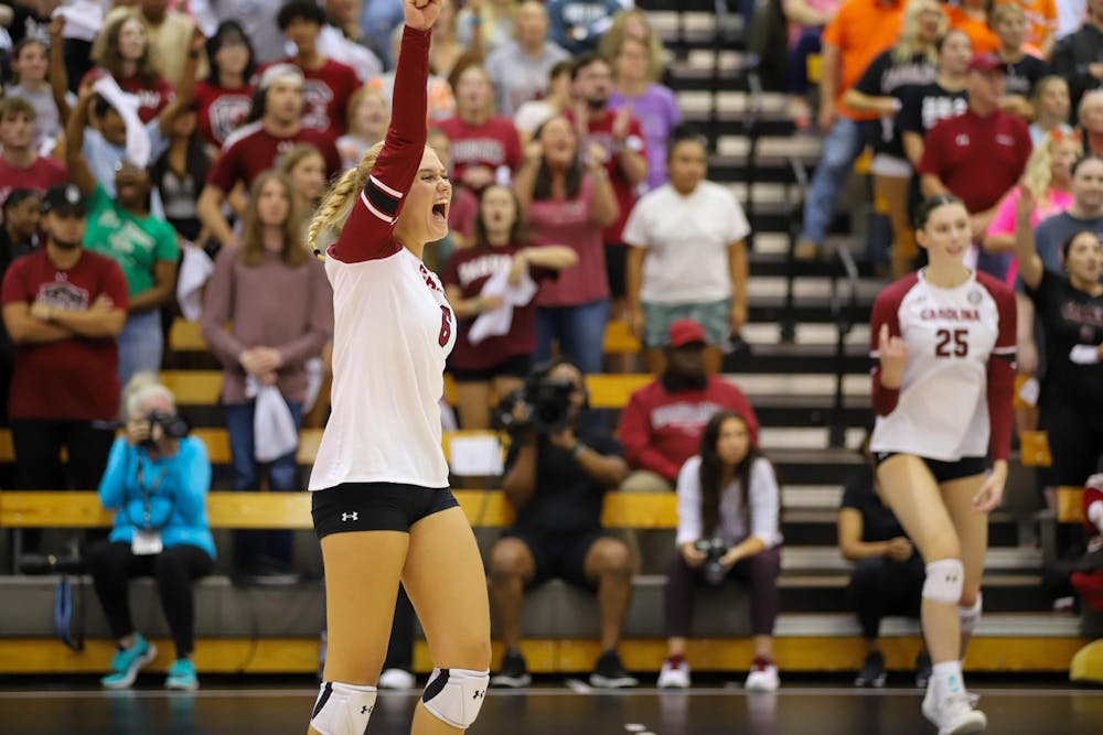 <p>Freshman setter Sydney Floyd celebrates earning a point on Aug. 30, 2023. The South Carolina Gamecocks beat the Clemson Tigers 3-1 in the Palmetto Series game.</p>