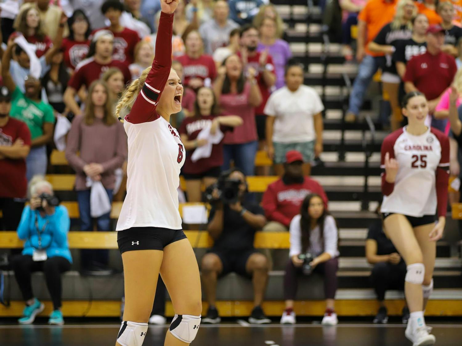 Freshman setter Sydney Floyd celebrates earning a point on Aug. 30, 2023. The South Carolina Gamecocks beat the Clemson Tigers 3-1 in the Palmetto Series game.