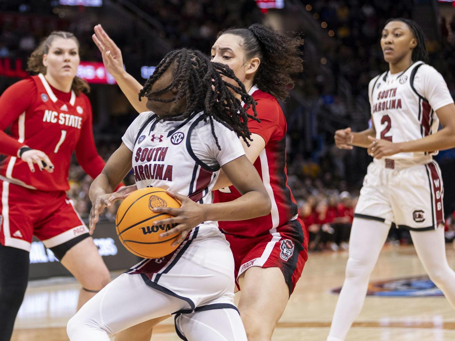 Freshman guard MiLaysia Fulwiley drives to the basket as the Gamecocks defeat the Wolf Pack 78-59. Fulwiley scored 7 points for the Gamecocks in its NCAA semifinal game.