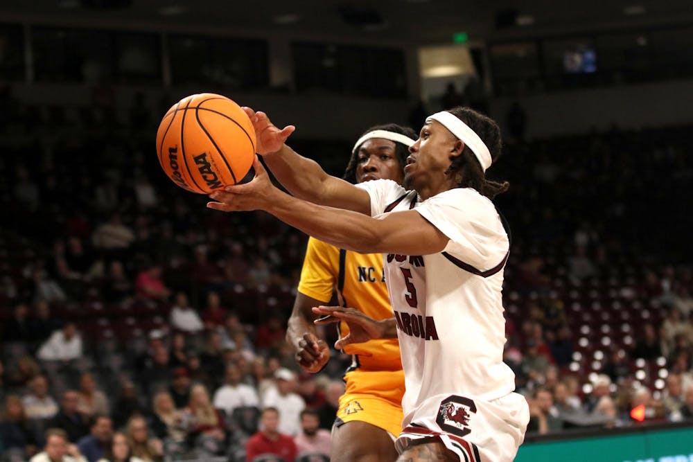 <p>FILE — Redshirt senior guard Meechie Johnson fights for the ball during the game against North Carolina A&amp;T on Nov. 4, 2025. Johnson contributed 14 points to the Gamecocks 91-72 win over the Aggies.</p>