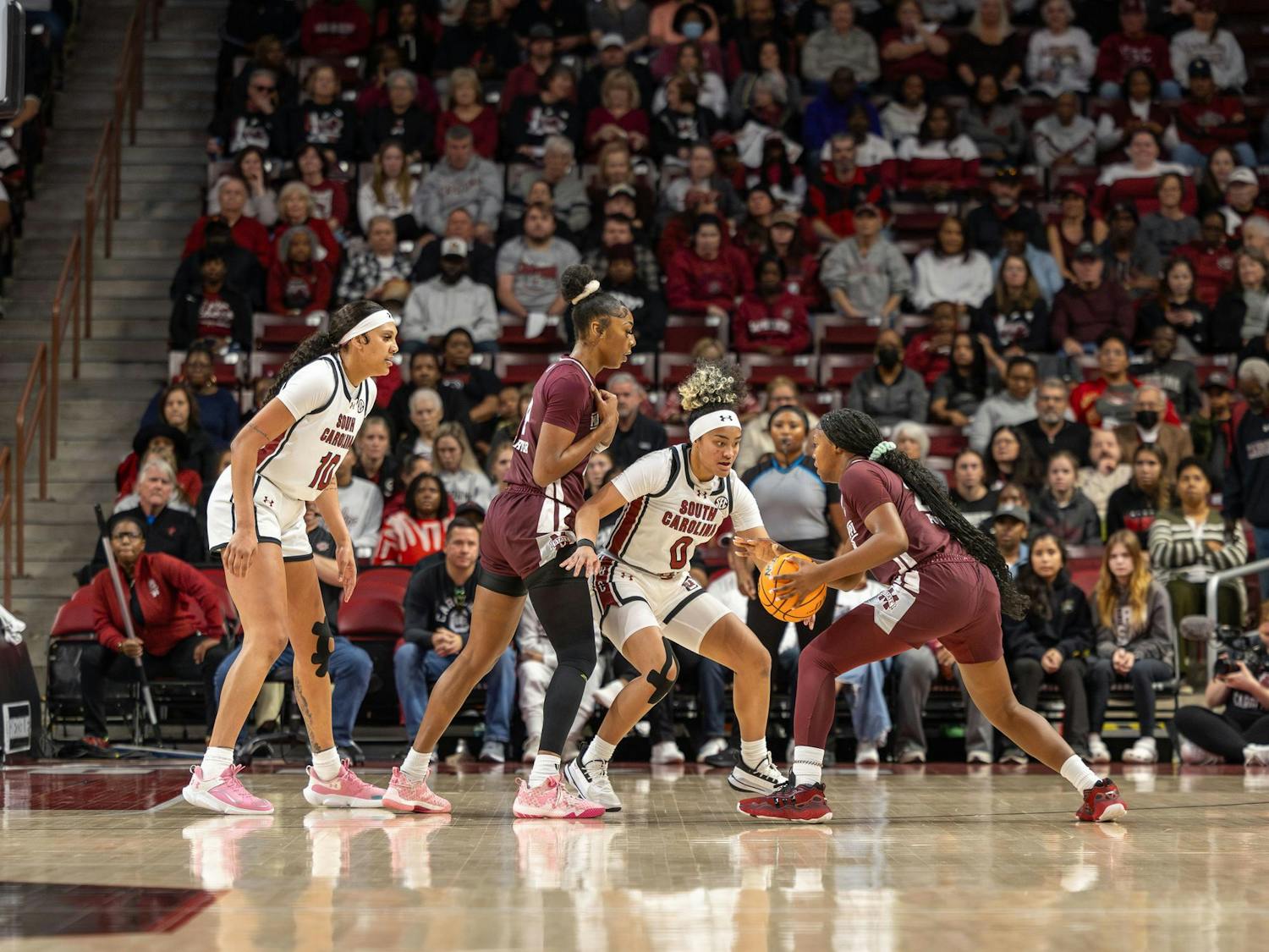 Mississippi State sophomore guard Debreasha Powe attempts to dribble the ball through South Carolina senior guard Te-Hina Paopao at Colonial Life Arena on Jan. 7, 2024. Paopao scored 12 points for the Gamecocks in its 85-66 victory over the Bulldogs.