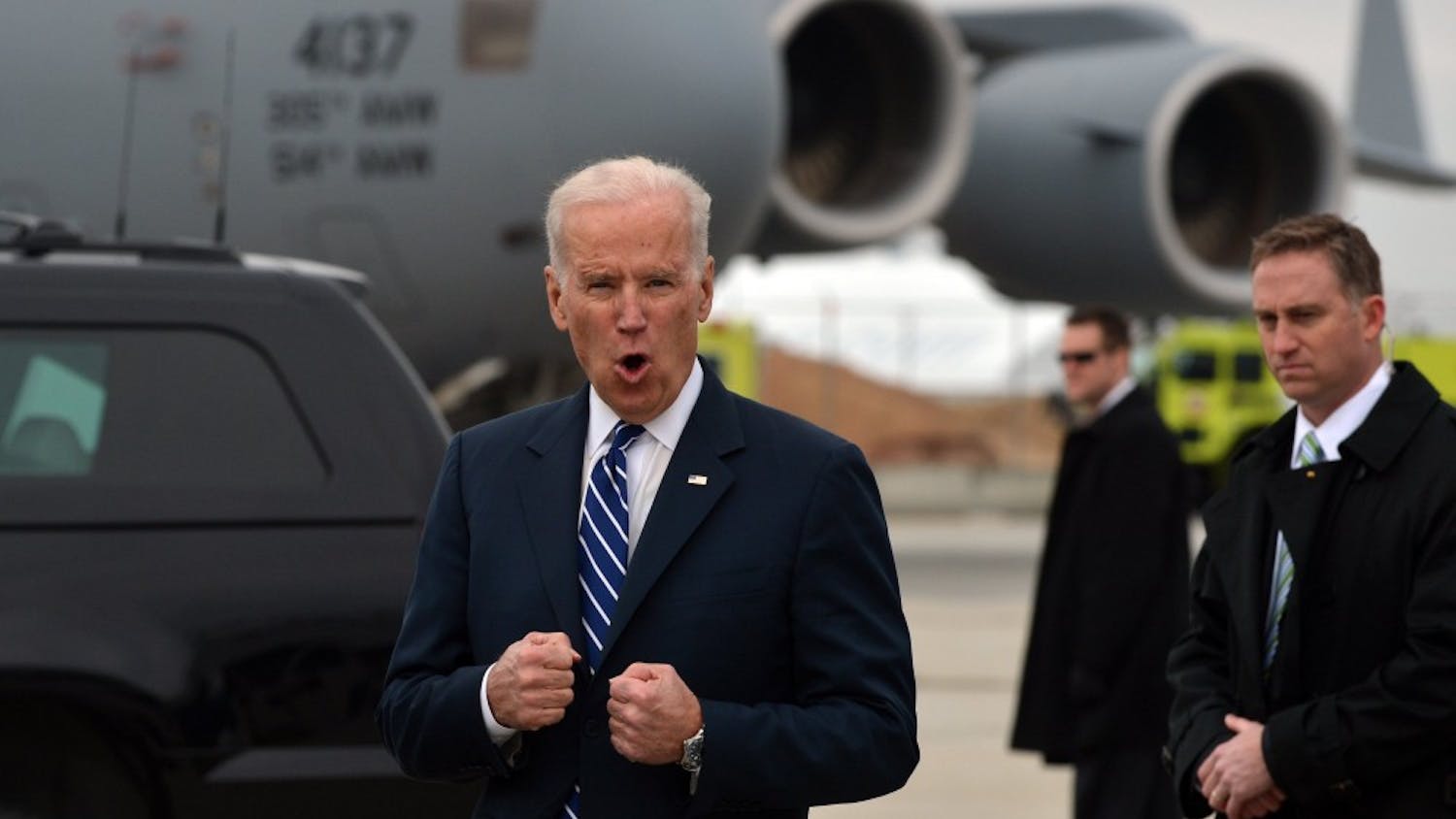 Vice President Joe Biden jokes with the press about how cold it is in Atlanta, Tuesday morning, March 4, 2014. (Brant Sanderlin/Atlanta Journal-Constitution/MCT)