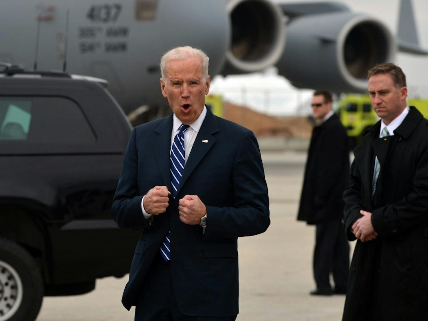 Vice President Joe Biden jokes with the press about how cold it is in Atlanta, Tuesday morning, March 4, 2014. (Brant Sanderlin/Atlanta Journal-Constitution/MCT)