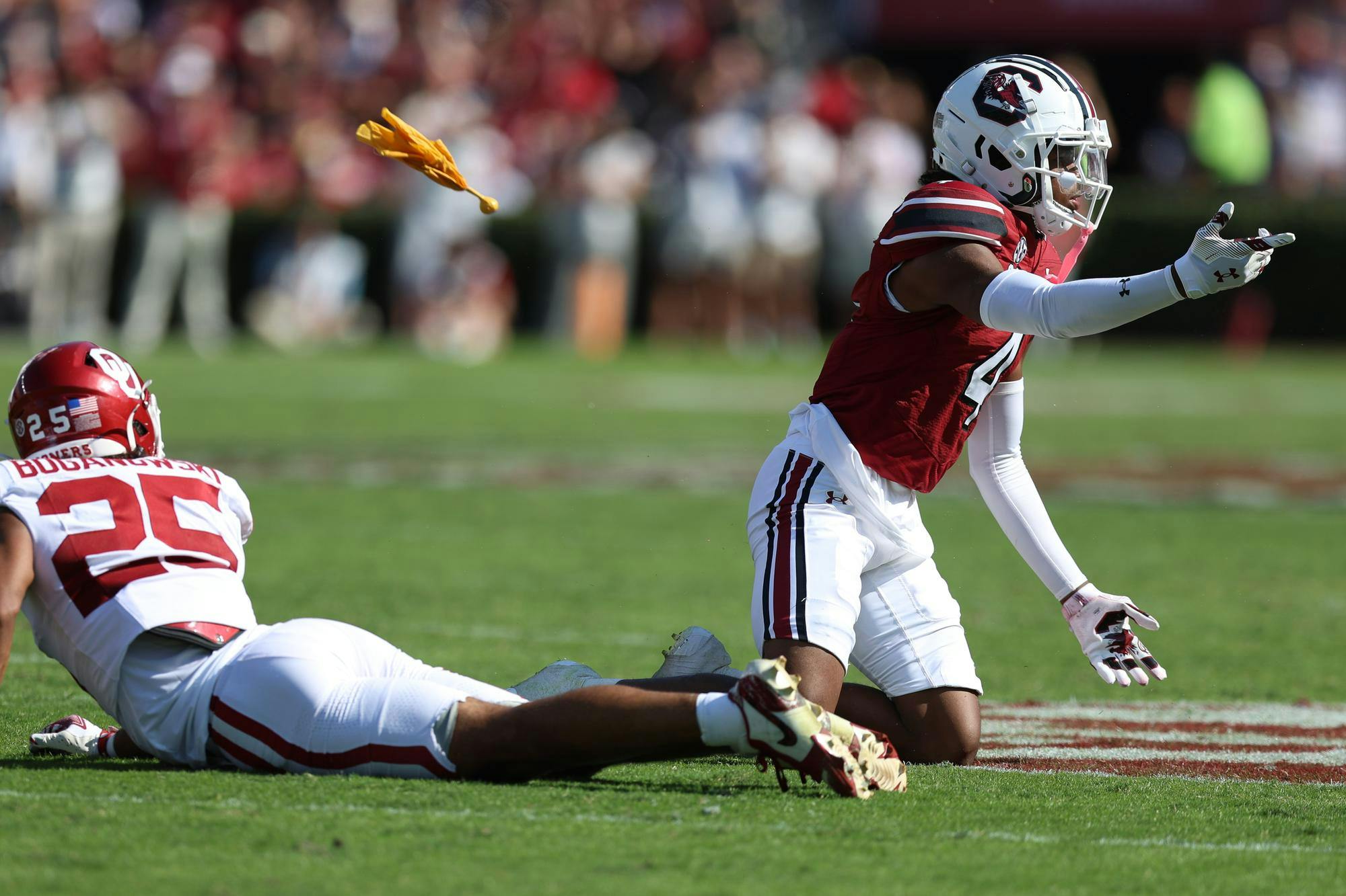 Redshirt sophomore defensive back Vicari Swain gets up after a yellow flag is thrown on the play. On Saturday, Oct. 18, 2025, the South Carolina Gamecocks played the Oklahoma Sooners at Williams-Brice Stadium.