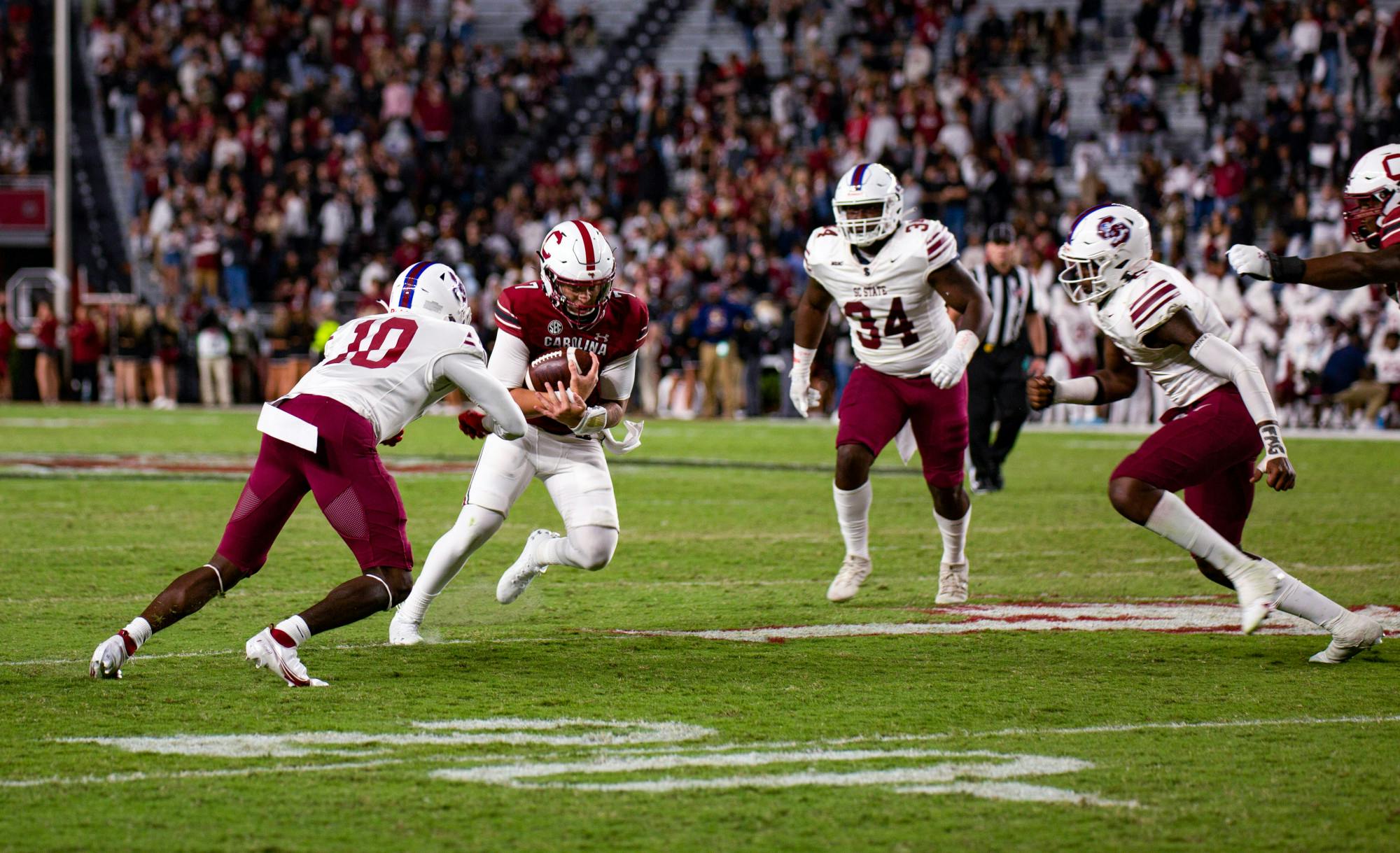 Redshirt junior quarterback Spencer Rattler makes a 6-yard rushing touchdown against S.C. State on Sept. 29, 2022. The Gamecocks defeated S.C. State 50-10.