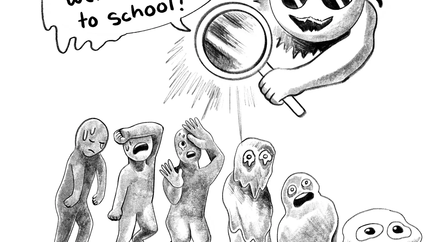 The comic shows a group of students struggling in the intense heat as they return to school. Above them, a smiling sun wearing sunglasses holds a magnifying glass and proudly announces, “Here’s a WARM welcome back to school!”
