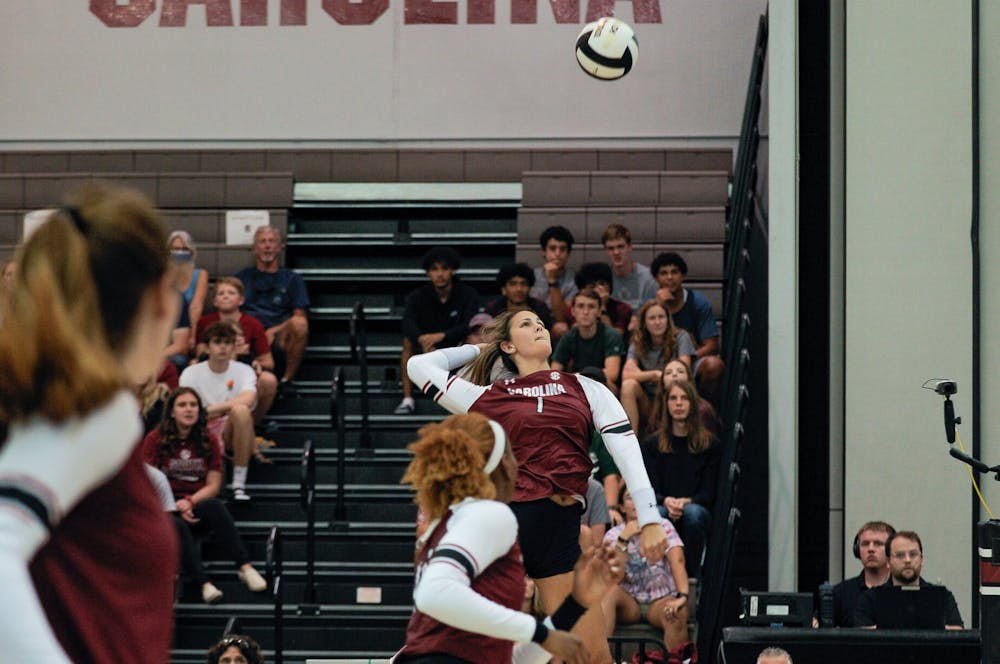 <p>FILE— Sophomore outside hitter Lauren McCutcheon jumps to hit the ball during the second set against Omaha during the Carolina Classic on Aug. 27, 2022 at the Carolina Volleyball Center. The Gamecocks walked away with a win and a loss against Alabama during a series of matches this past weekend on Nov. 11 - 12, 2022.</p>