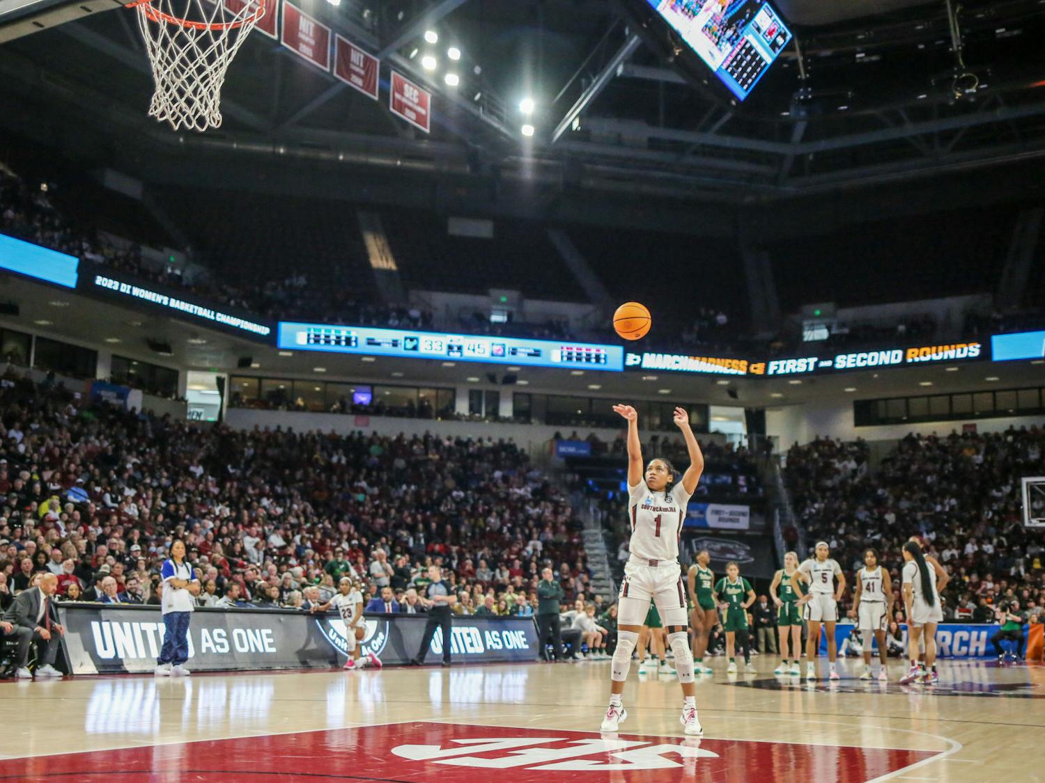 Senior guard Zia Cooke shoots a free throw following an intentional foul by South Florida during South Carolina’s game against South Florida in round two of the NCAA tournament at Colonial Life Arena on March 19, 2023. The Gamecocks defeated the Bulls 76-45.