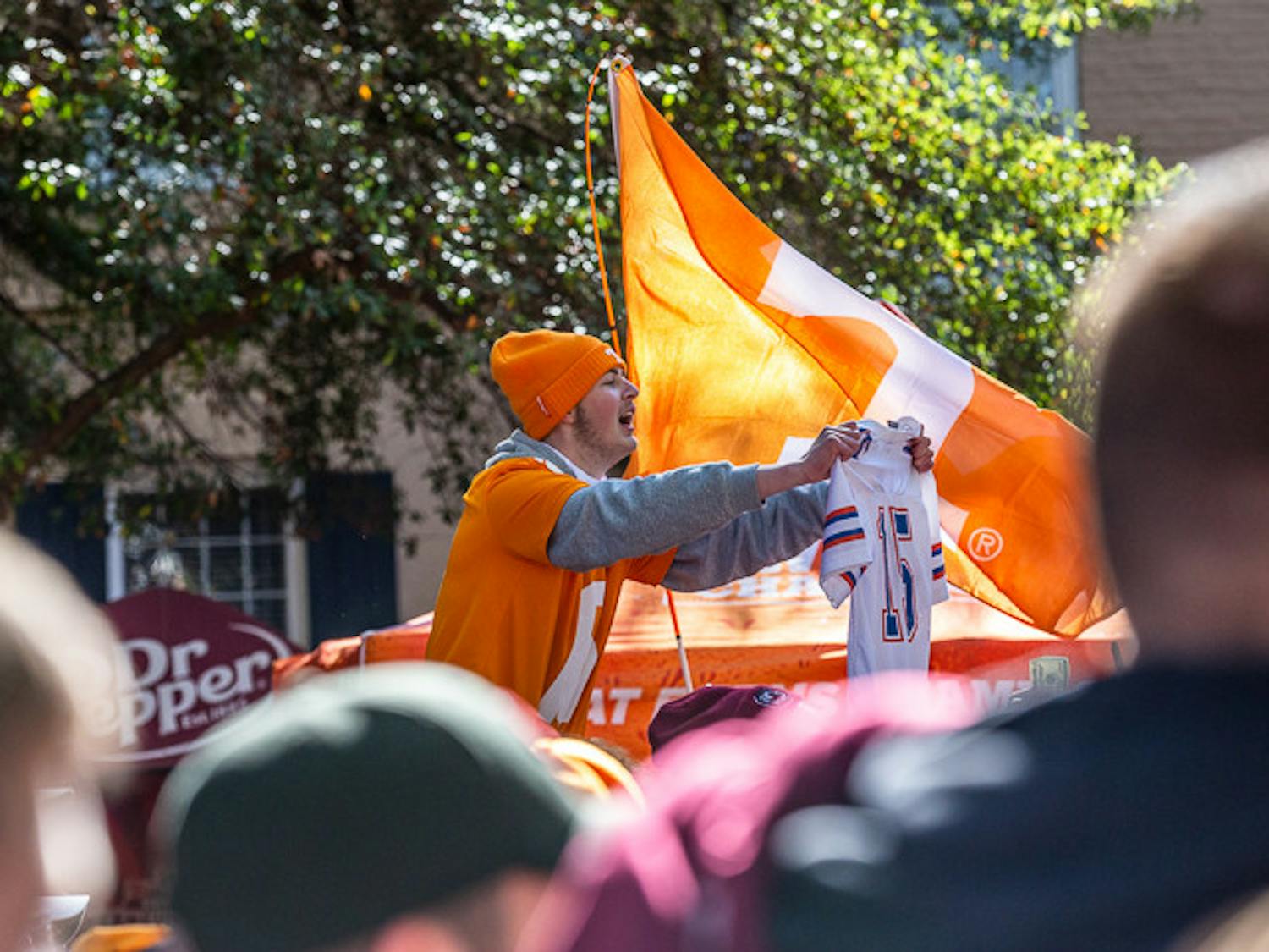 A Tennessee fan calls for Tim Tebow to sign his Florida jersey during the SEC Nation morning show on Nov. 19, 2022 on USC's Horseshoe. Fans from across South Carolina and Tennessee came to attend the event.