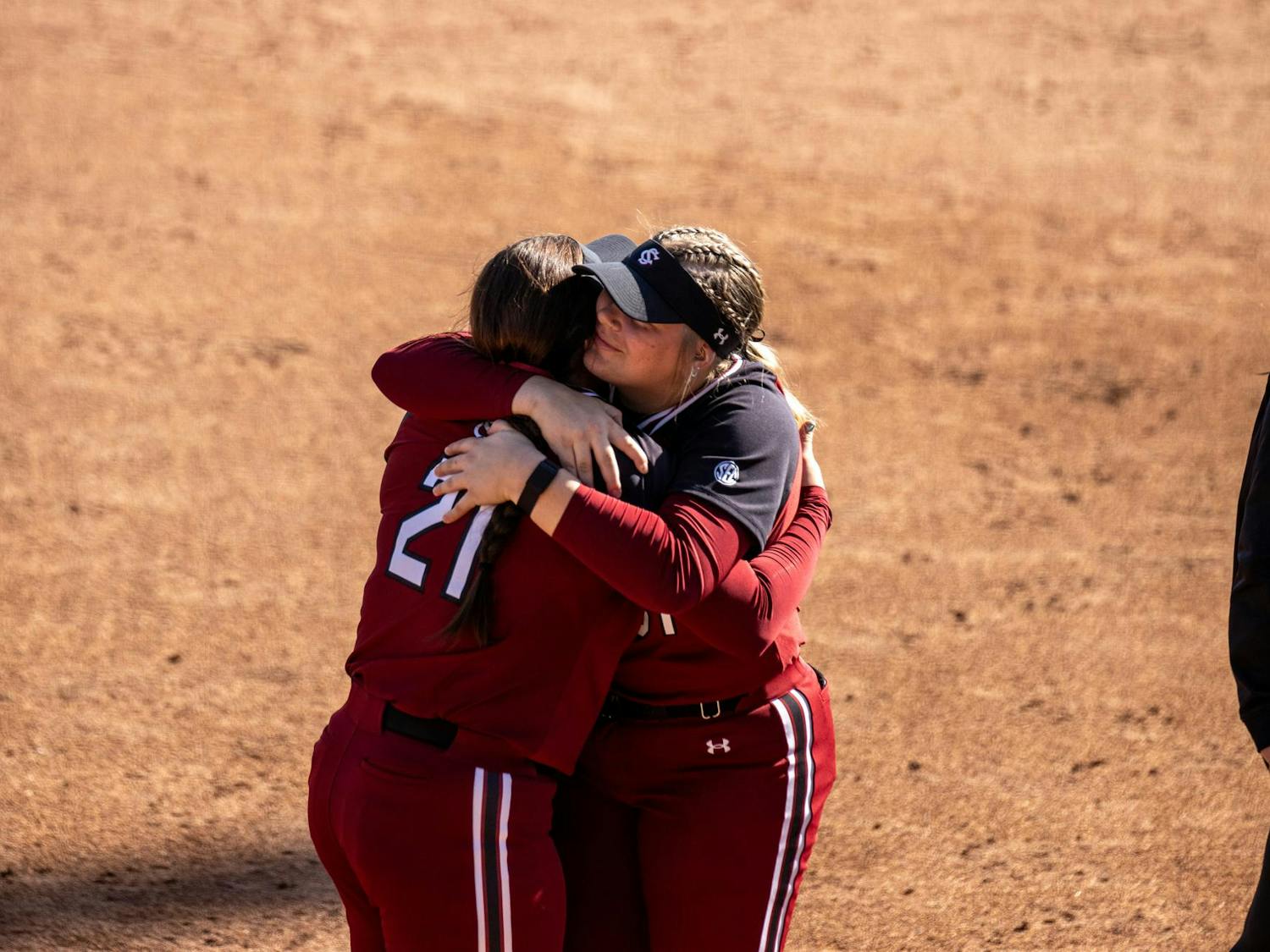 Redshirt junior infielder Natalie Heath and freshman catcher Mya Flindt embrace in a hug on March. 22, 2025. The Gamecocks defeated Texas Tech 1-0 after a homerun from Heath.