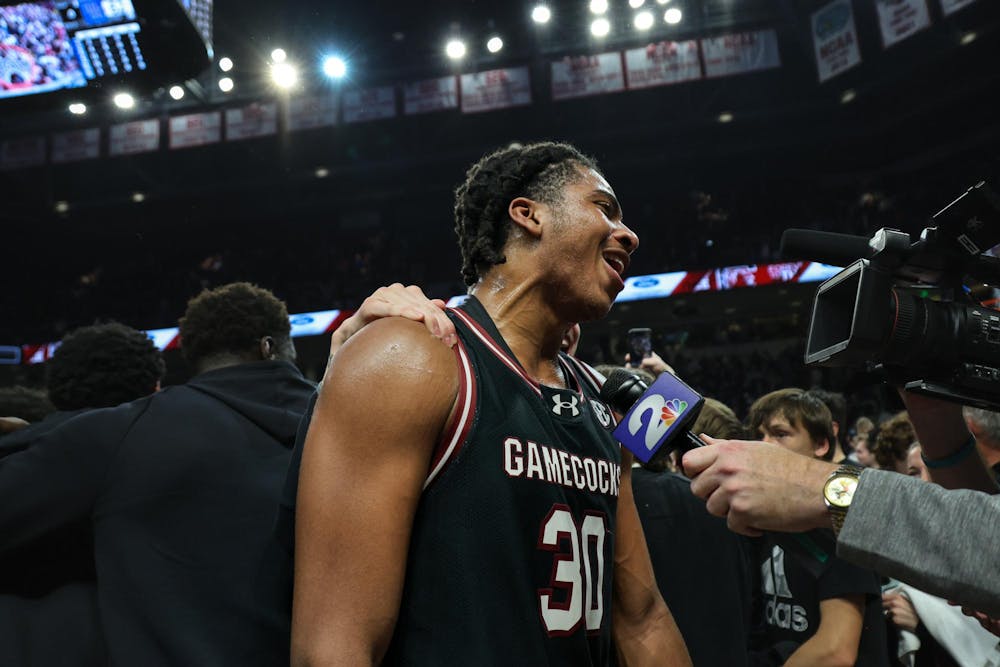 <p>Following the Gamecocks' 79-62 victory over No. 9 Kentucky, freshman forward Collin Murray-Boyles speaks to reporters on Jan. 24, 2024. Murray-Boyles had nine rebounds, two steals and three assists in his hometown of Columbia at at Colonial Life Arena.</p>