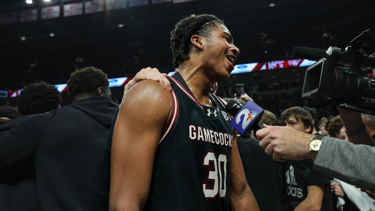 Following the Gamecocks' 79-62 victory over No. 9 Kentucky, freshman forward Collin Murray-Boyles speaks to reporters on Jan. 24, 2024. Murray-Boyles had nine rebounds, two steals and three assists in his hometown of Columbia at at Colonial Life Arena.