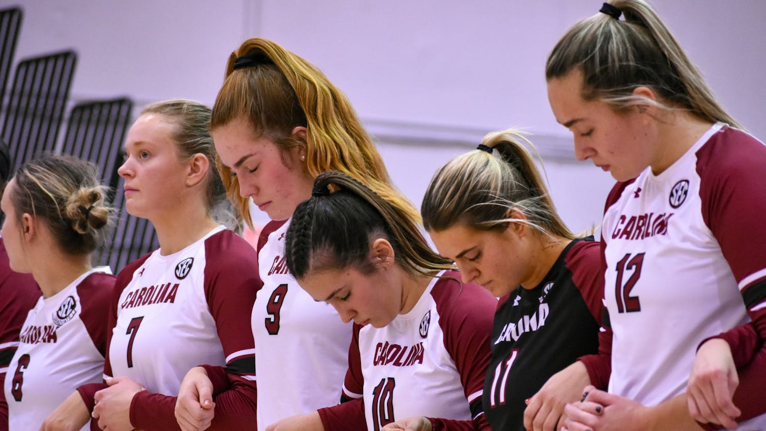 FILE — The South Carolina volleyball team holds arms together for a moment in preparation of their game against Mississippi State on Oct.19, 2022. &nbsp;Following a loss against the Arkansas Razorbacks on Nov. 3, 2022, South Carolina falls to a record of 10-11 overall and 4-7 in SEC play.&nbsp;