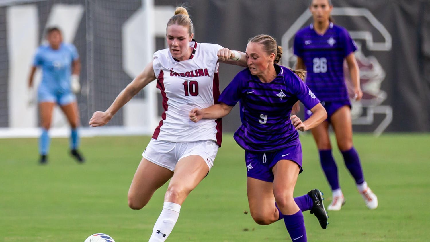 FILE — Fifth year forward Catherine Barry runs the ball up the pitch during South Carolina's match against Furman on Aug. 18, 2024, at Stone Stadium. Barry is one of five players returning to compete in their fifth year for the Gamecocks this season.