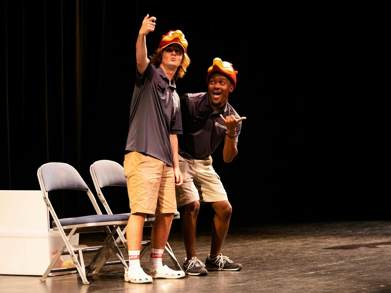 Orientation leaders act out some of the university’s favorite activities and traditions during a presentation at the Kroger Center on July 20, 2022. &nbsp;Before starting their first semester at USC, freshmen students attend a two-day orientation to introduce them to campus and college life.