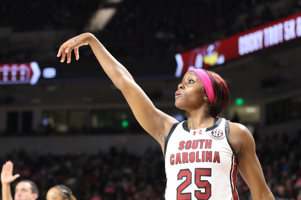 <p>Senior guard Raven Johnson shoots for points against Mississippi State University in South Carolina's matchup on Feb. 5, 2026. Johnson scored a total of 10 points against the Bulldogs.</p>