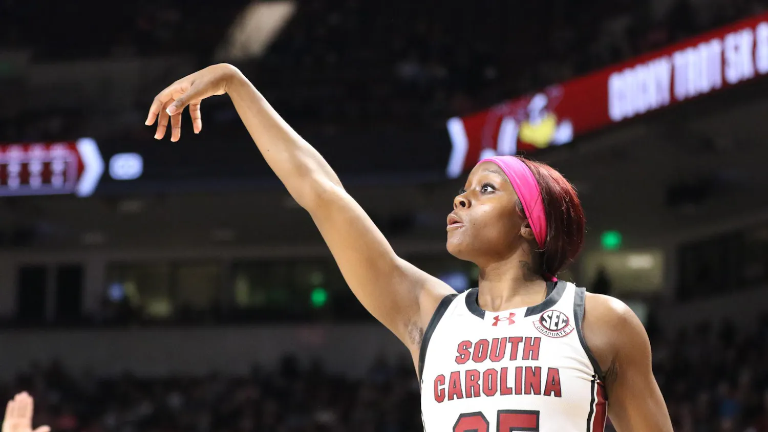 Senior guard Raven Johnson shoots for points against Mississippi State University in South Carolina's matchup on Feb. 5, 2026. Johnson scored a total of 10 points against the Bulldogs.