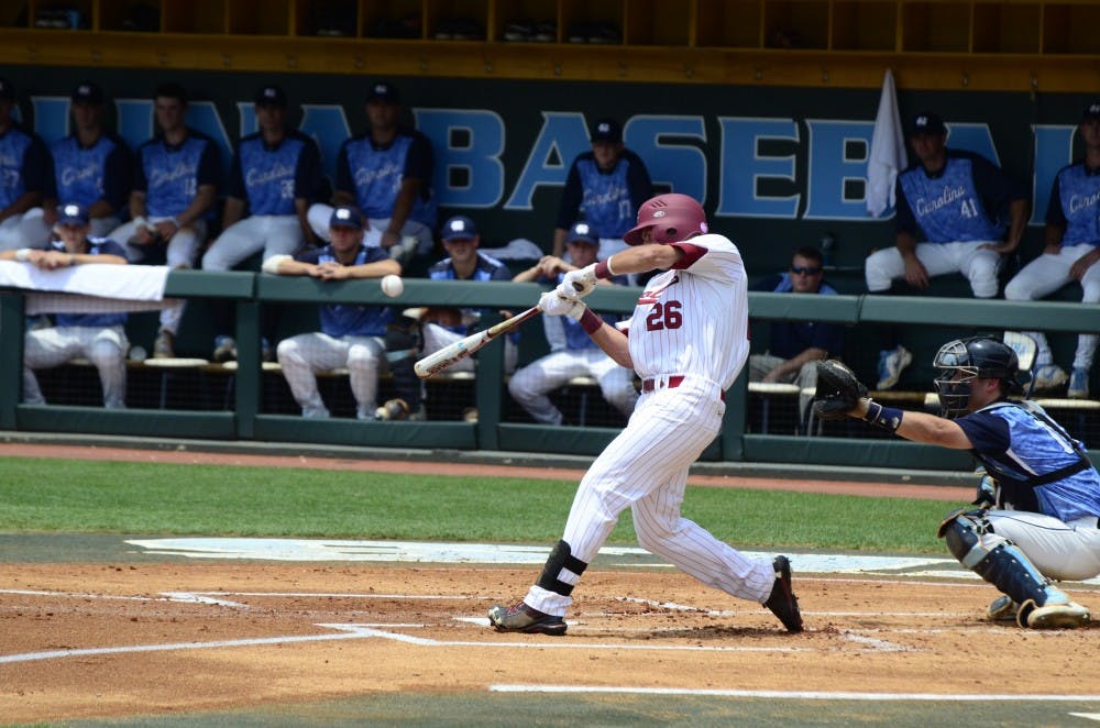 Graham Saiko hits the ball for the Gamecocks.