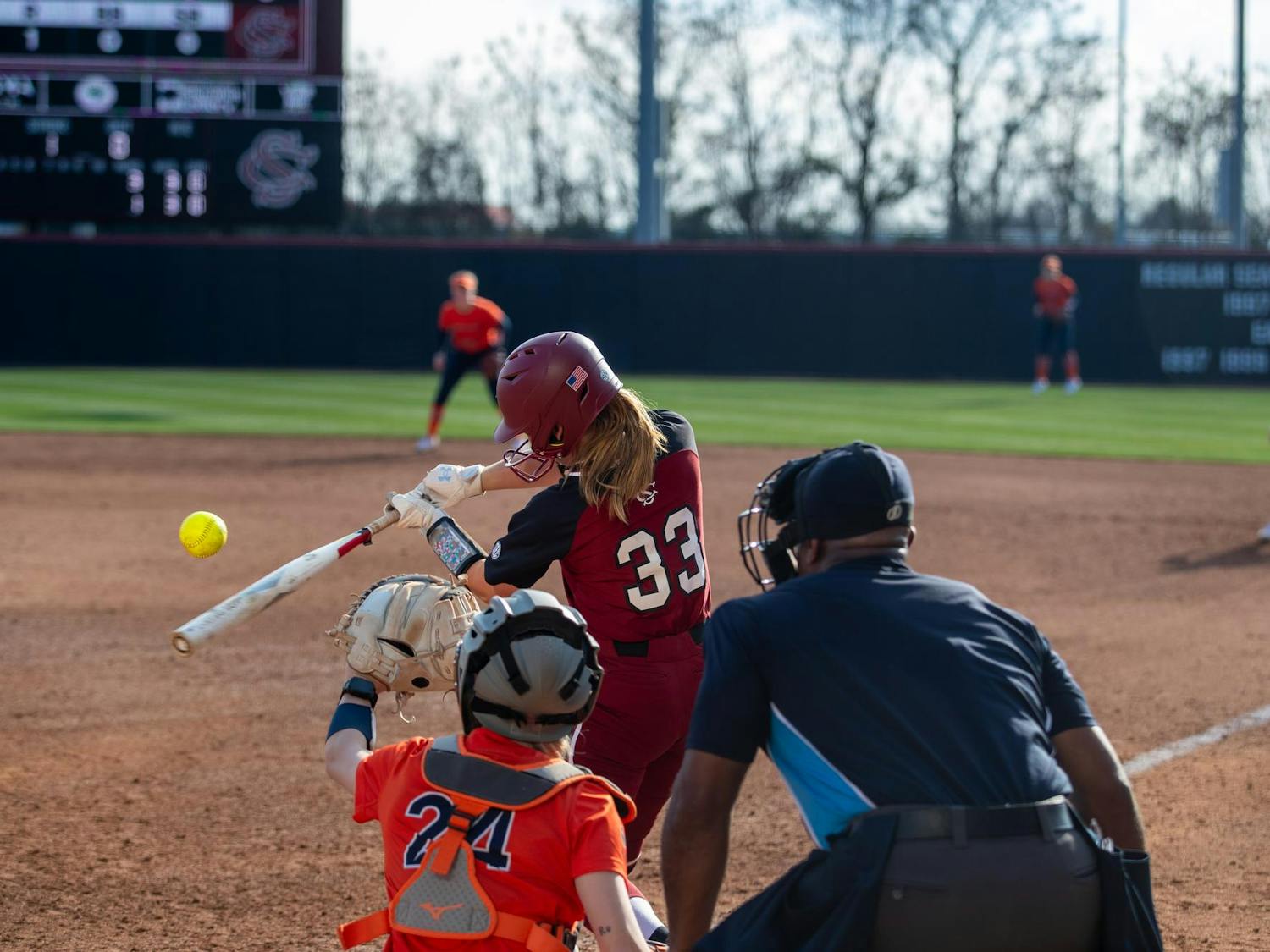 Sophomore infielder Karley Shelton hits the ball of a Virginia pitcher on Feb. 7, 2025. Shelton is the only starter for the Gamecocks that has started her collegiate carrer at the University of South Carolina.
