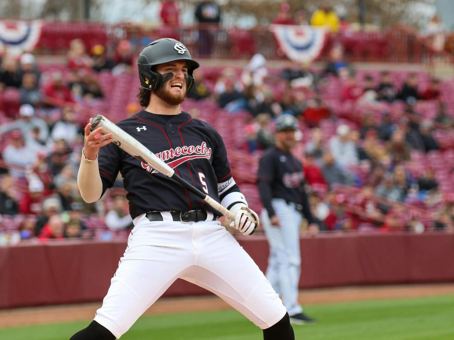 Junior infielder, catcher Talmadge LeCroy exclaims in frustration at an umpire's call during the Gamecock's game against the RedHawks on Feb. 18, 2024. LeCroy had 3 runs that helped contribute to South Carolina's 14-0 win against Miami-Ohio.