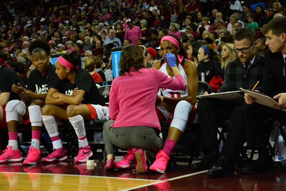Things get bloody on the court as Pachis Roberts (11) of the Georgia Bulldogs gets bandaged after an accidental collision on the court in the first 10 minutes of the first quarter. South Carolina Gamecocks vs Georgia Bulldogs. Colonial Life Arena, Columbia, SC. February 18, 2016