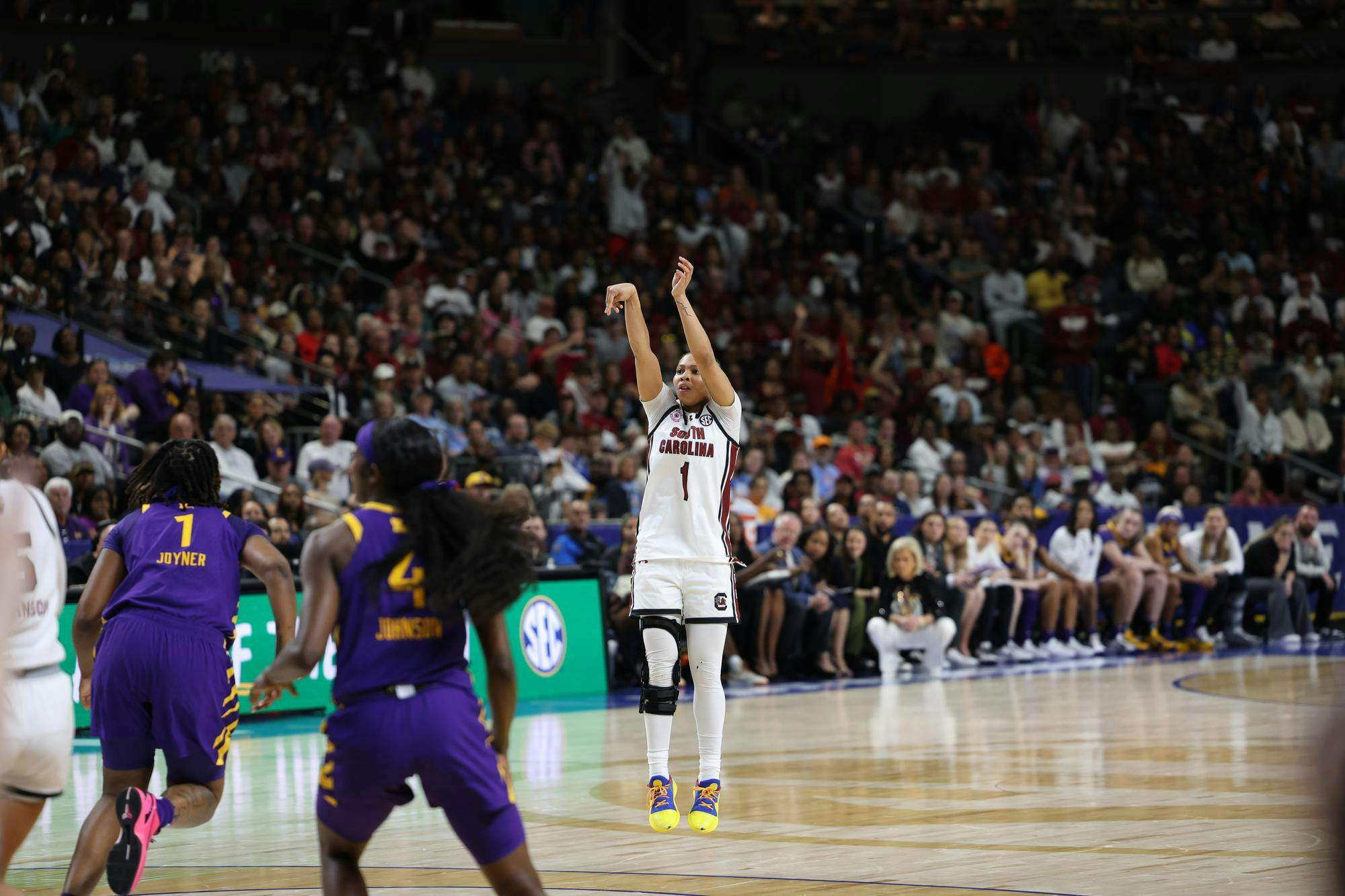Sophomore guard Maddy McDaniel shoots an open 3-pointer against LSU during the 2026 SEC Tournament at Bon Secours Wellness Arena. The Gamecocks won 83-77 over the Tigers to advance to the SEC Championship.