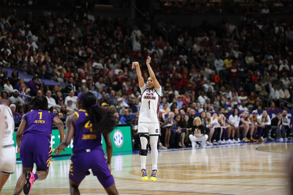 <p>Sophomore guard Maddy McDaniel shoots an open 3-pointer against LSU during the 2026 SEC Tournament at Bon Secours Wellness Arena. The Gamecocks won 83-77 over the Tigers to advance to the SEC Championship.</p>