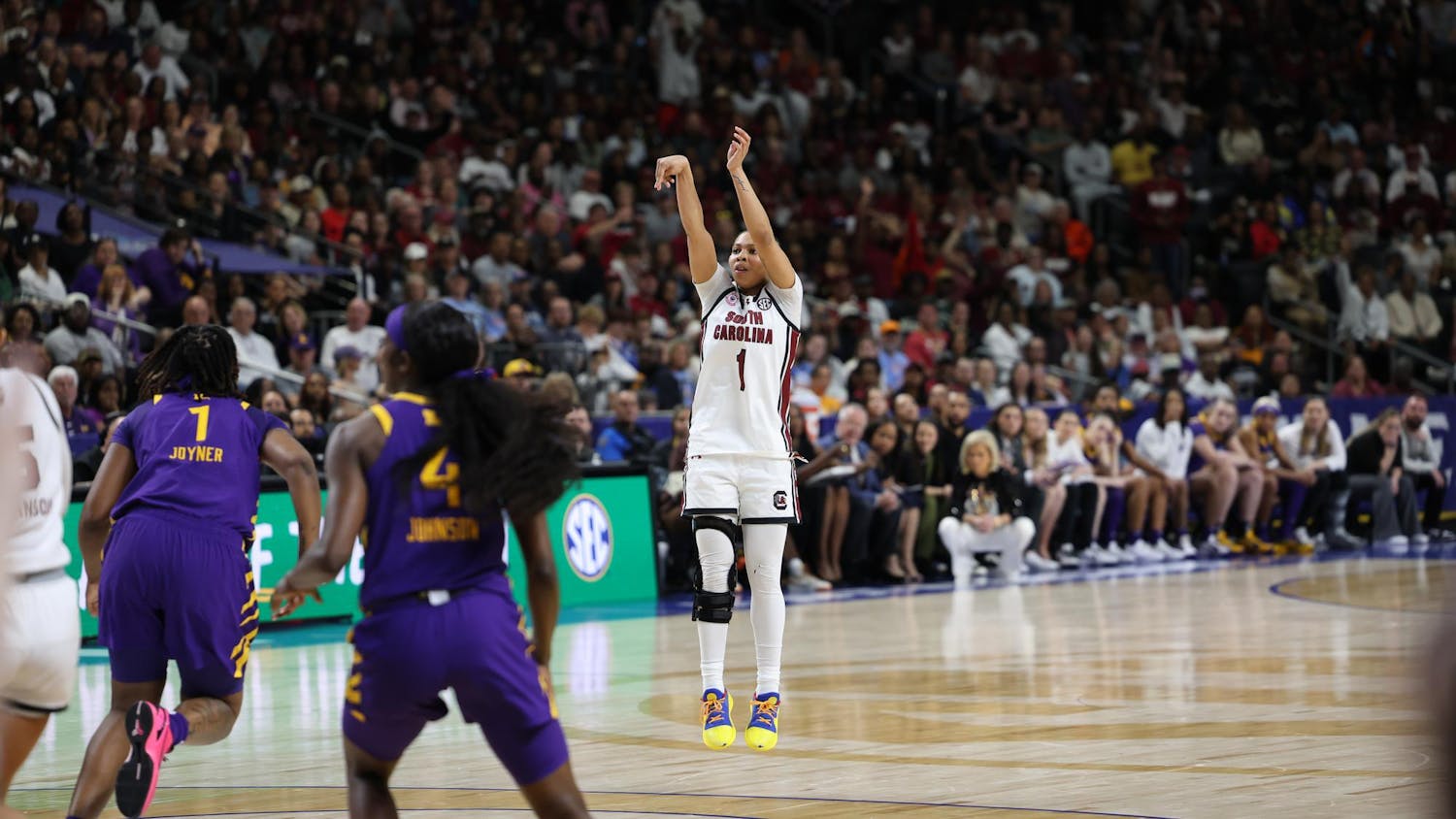 Sophomore guard Maddy McDaniel shoots an open 3-pointer against LSU during the 2026 SEC Tournament at Bon Secours Wellness Arena. The Gamecocks won 83-77 over the Tigers to advance to the SEC Championship.