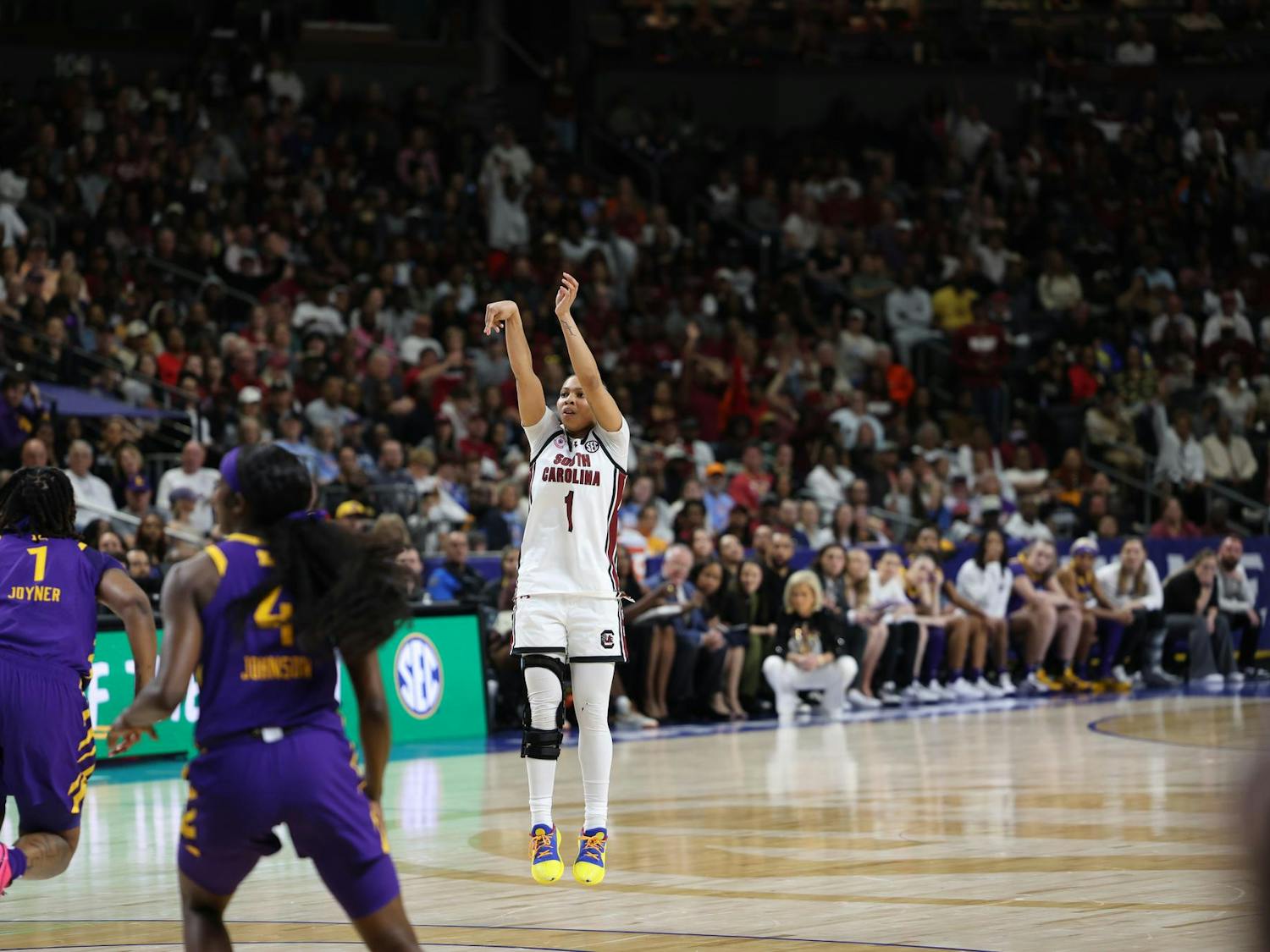 Sophomore guard Maddy McDaniel shoots an open 3-pointer against LSU during the 2026 SEC Tournament at Bon Secours Wellness Arena. The Gamecocks won 83-77 over the Tigers to advance to the SEC Championship.