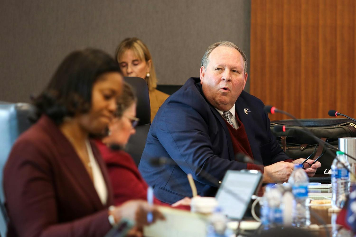 ɫɫƵ’s board of trustees Chair Emeritus Dorn Smith III looks toward a presenter at the board meeting on March 18, 2024. The board approved renovations to Thomas Cooper Library, the demolition of McBryde and other projects in ɫɫƵ's new master plan for further consideration.