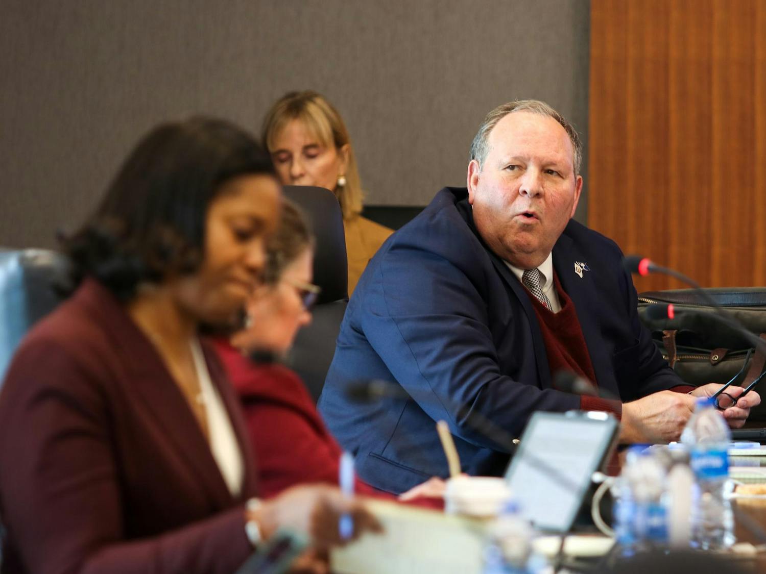 USC’s board of trustees Chair Emeritus Dorn Smith III looks toward a presenter at the board meeting on March 18, 2024. The board approved renovations to Thomas Cooper Library, the demolition of McBryde and other projects in USC's new master plan for further consideration.