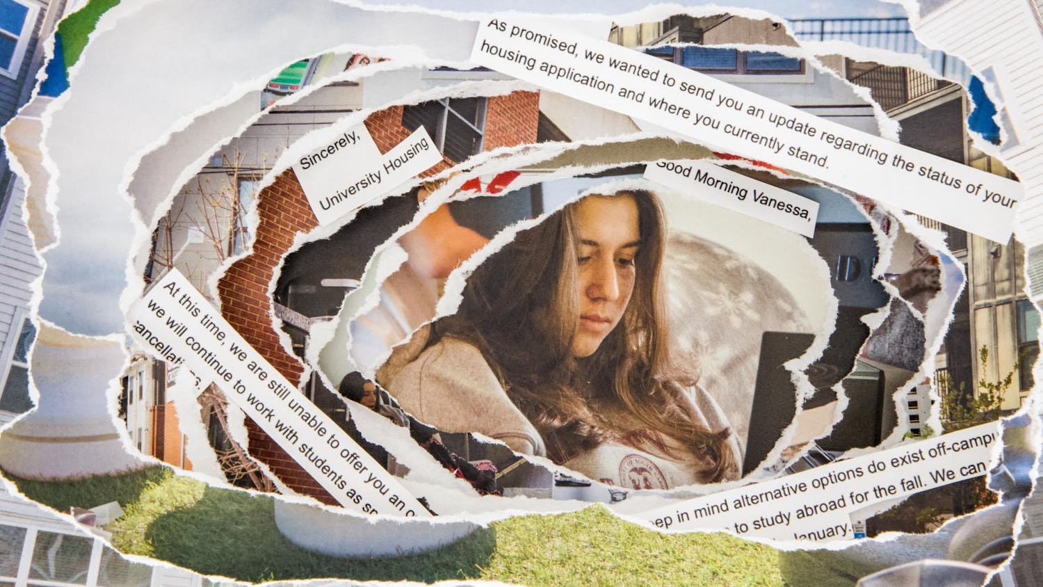 A compilation of photos from different student housing complexes across Columbia, South Carolina throughout the spring 2024 semester. At the center sits Vanessa Alaimo, a resident of 650 Lincoln, surrounded by clips of emails sent to her by the University of South Carolina housing office.