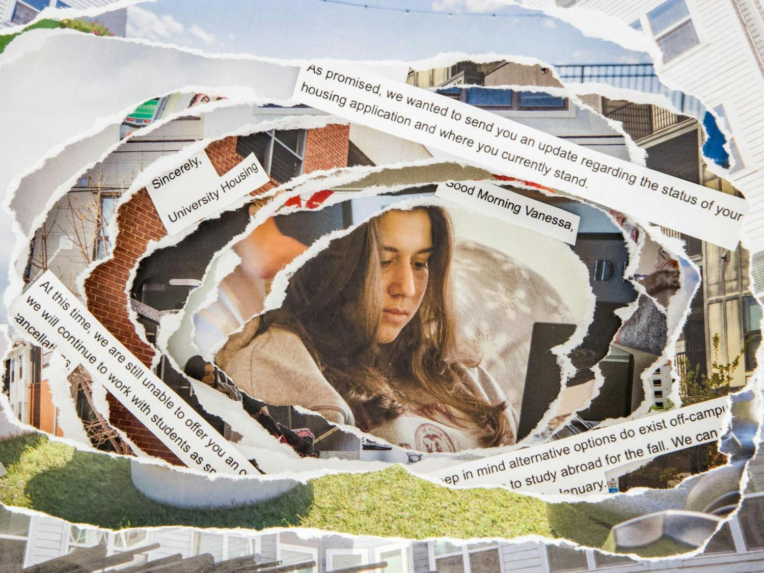 A compilation of photos from different student housing complexes across Columbia, South Carolina throughout the spring 2024 semester. At the center sits Vanessa Alaimo, a resident of 650 Lincoln, surrounded by clips of emails sent to her by the University of South Carolina housing office.