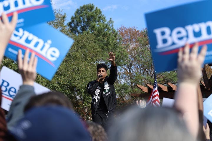 Southern hip-hop duo, Blackillac, comprised of emcees Zeale and Phranchyze, singing at Bernie Sanders’ rally at Finlay Park in Columbia, South Carolina, on Feb. 28. The duo hails from Austin, Texas.