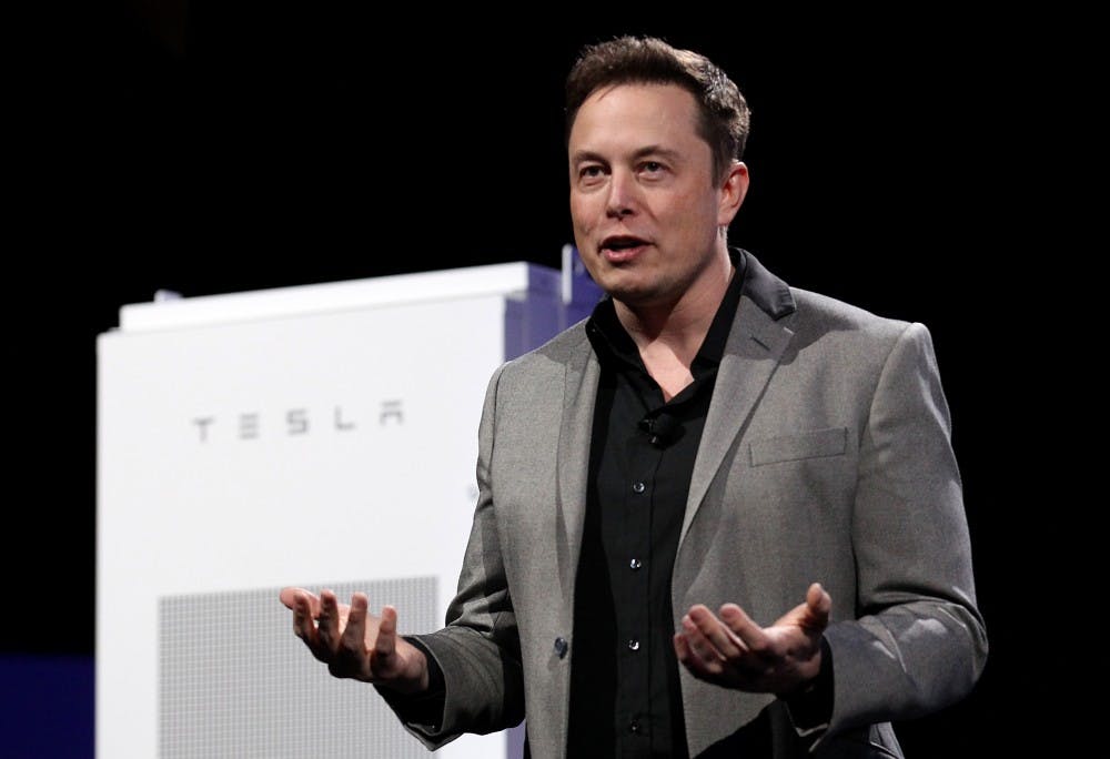 Tesla CEO Elon Musk on Thursday, April 30, 2015 during an event at Tesla's plant in Hawthorne, Calif. Musk has another innovative product up in his sleeve: a $500 flamethrower. (Luis Sinco/Los Angeles Times/TNS)