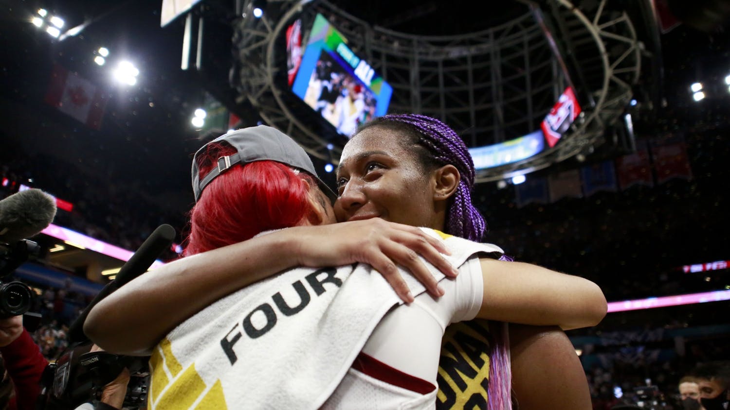 Aliyah Boston and Victaria Saxton share an emotional hug after South Carolina's 64-49 victory over University of Connecticut, winning the 2022 National Championship on April 3, 2022.