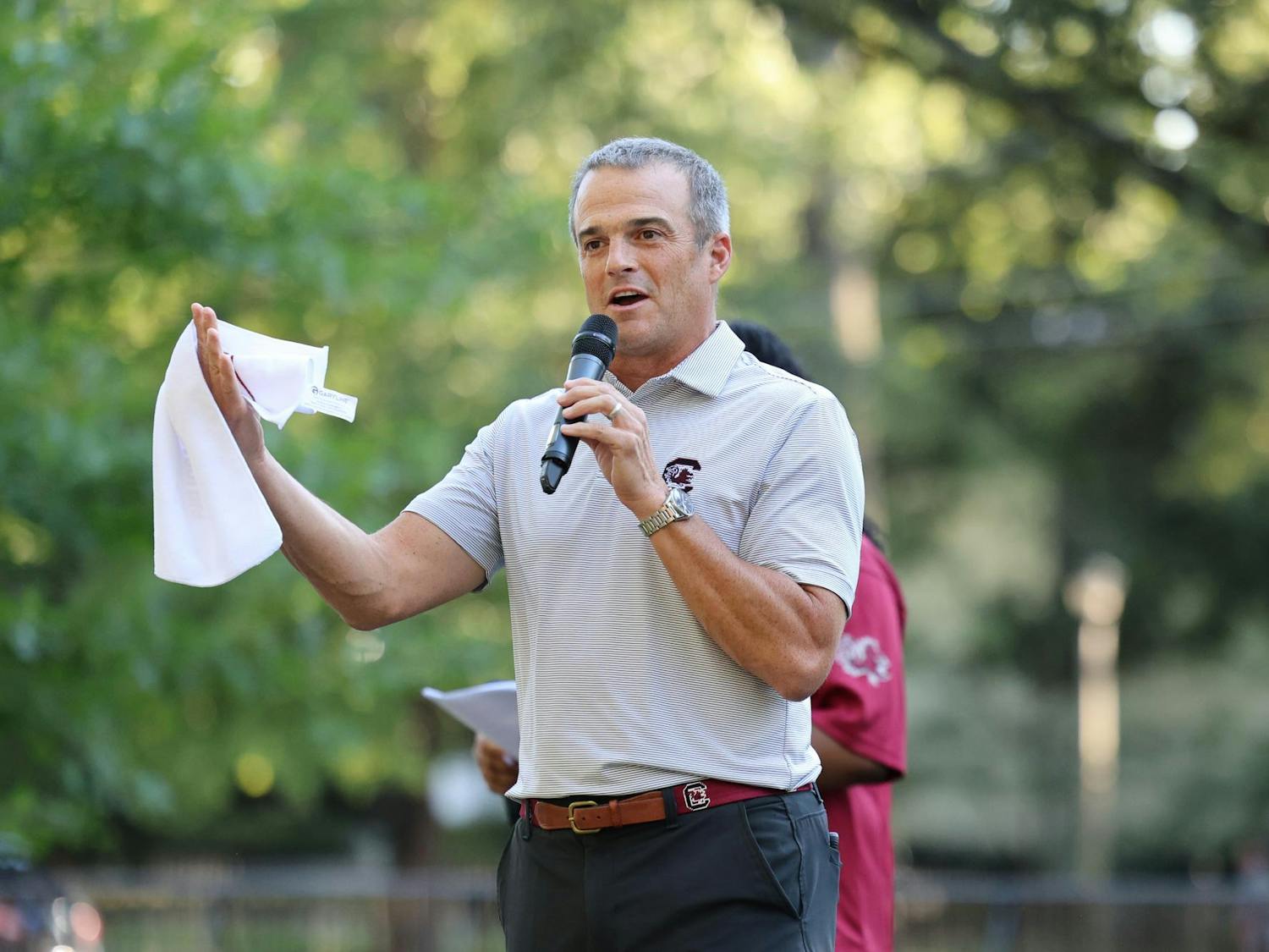 South Carolina head football coach Shane Beamer addresses students during the First Night Carolina event on Aug. 19, 2024. Beamer assured students they chose the right university and encouraged them to attend upcoming home football games.