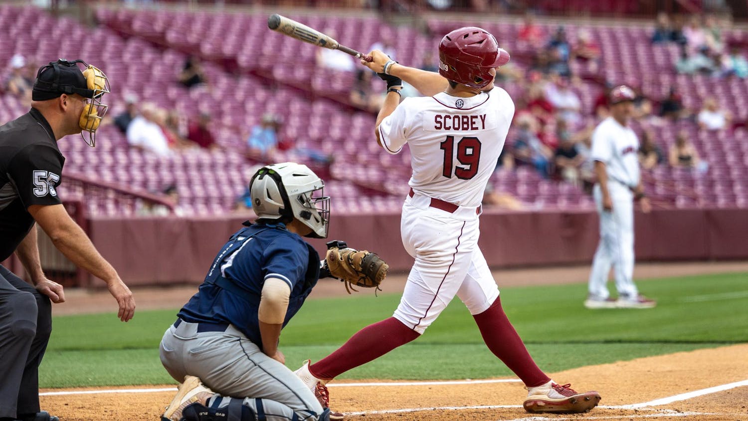 Freshman infielder KJ Scobey swings at a pitch during South Carolina's game against North Florida on April 22, 2025, at Founders Park. The Gamecocks defeated the Ospreys 3-2 after 10 innings.