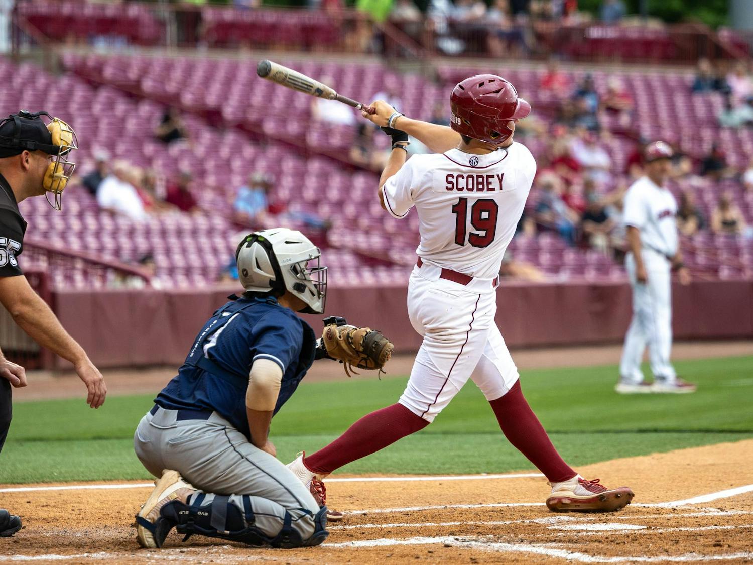 Freshman infielder KJ Scobey swings at a pitch during South Carolina's game against North Florida on April 22, 2025, at Founders Park. The Gamecocks defeated the Ospreys 3-2 after 10 innings.