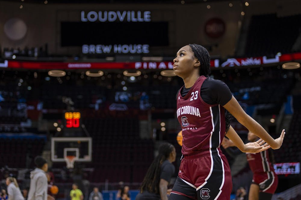 <p>Junior guard Bree Hall follows through after a shot attempt at practice in Rocket Mortgage FieldHouse on April 4, 2024. This marked the players’ last practice before their Final Four game against NC State.</p>