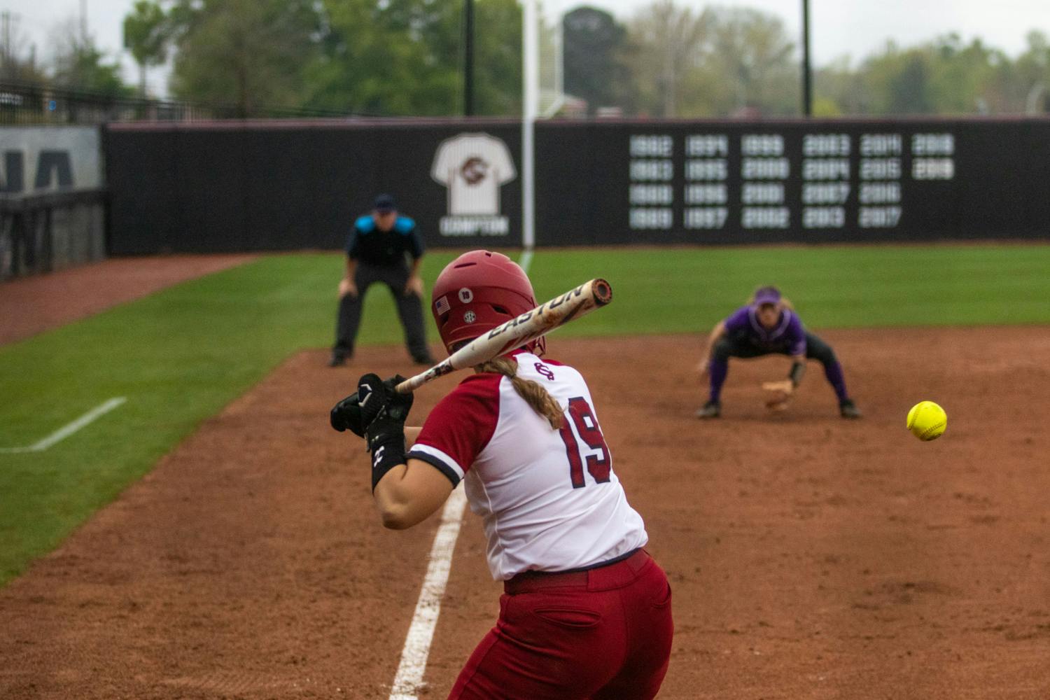 FILE—Junior catcher Jen Cummings looks to swing the bat during the game against Furman University at Beckham Field on March 22, 2023. The Gamecocks beat the Paladins 10-0.
