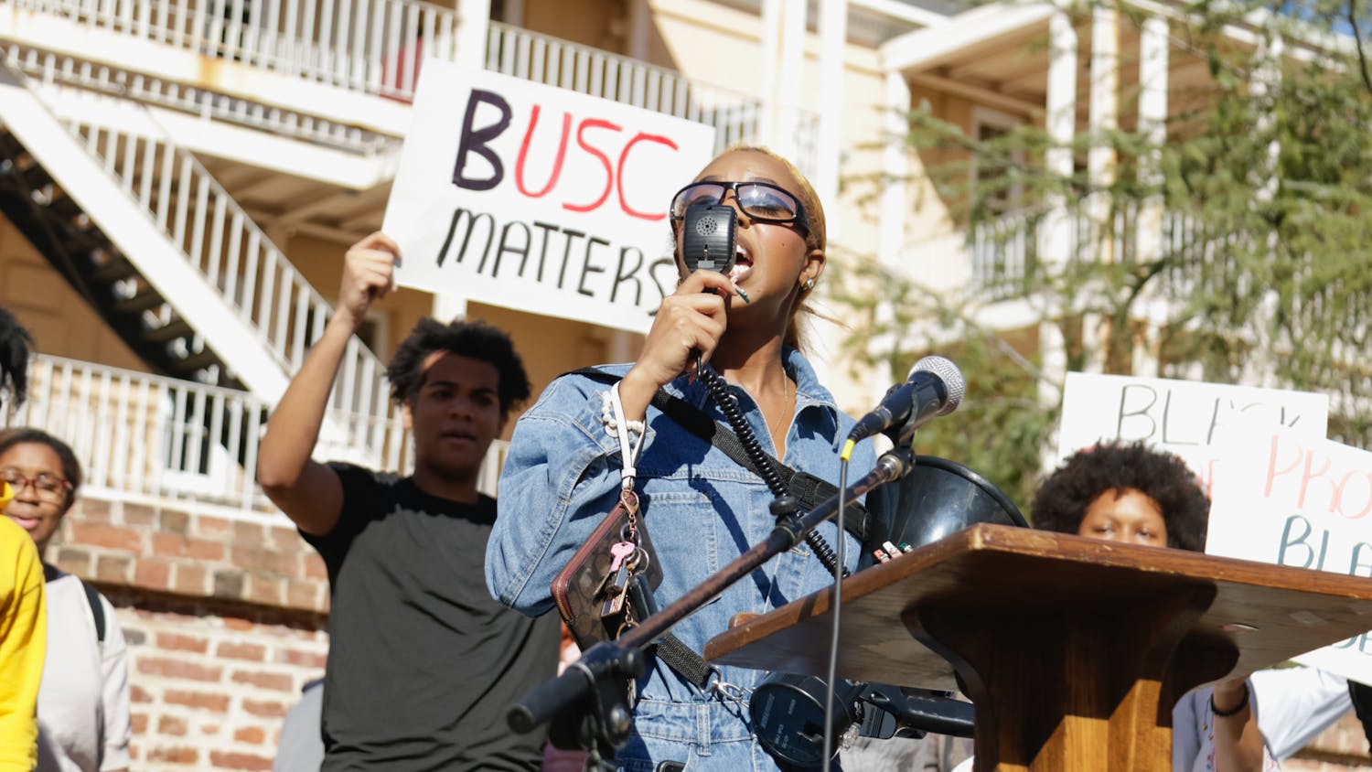 Students gathered for a protest against "racist culture" at USC on Jan. 20, 2023. The protest began at the McKissick Museum on the Horseshoe and ended on Greene Street with students rallying outside Russell House Student Union to share their experiences. Courtney McClain, a fourth-year broadcast journalism student and activist, organized the protest after a TikTok video of an individual claiming to be a USC student and repeatedly saying an anti-Black racial slur went viral last week. The university has confirmed that said individual is not a USC student. 