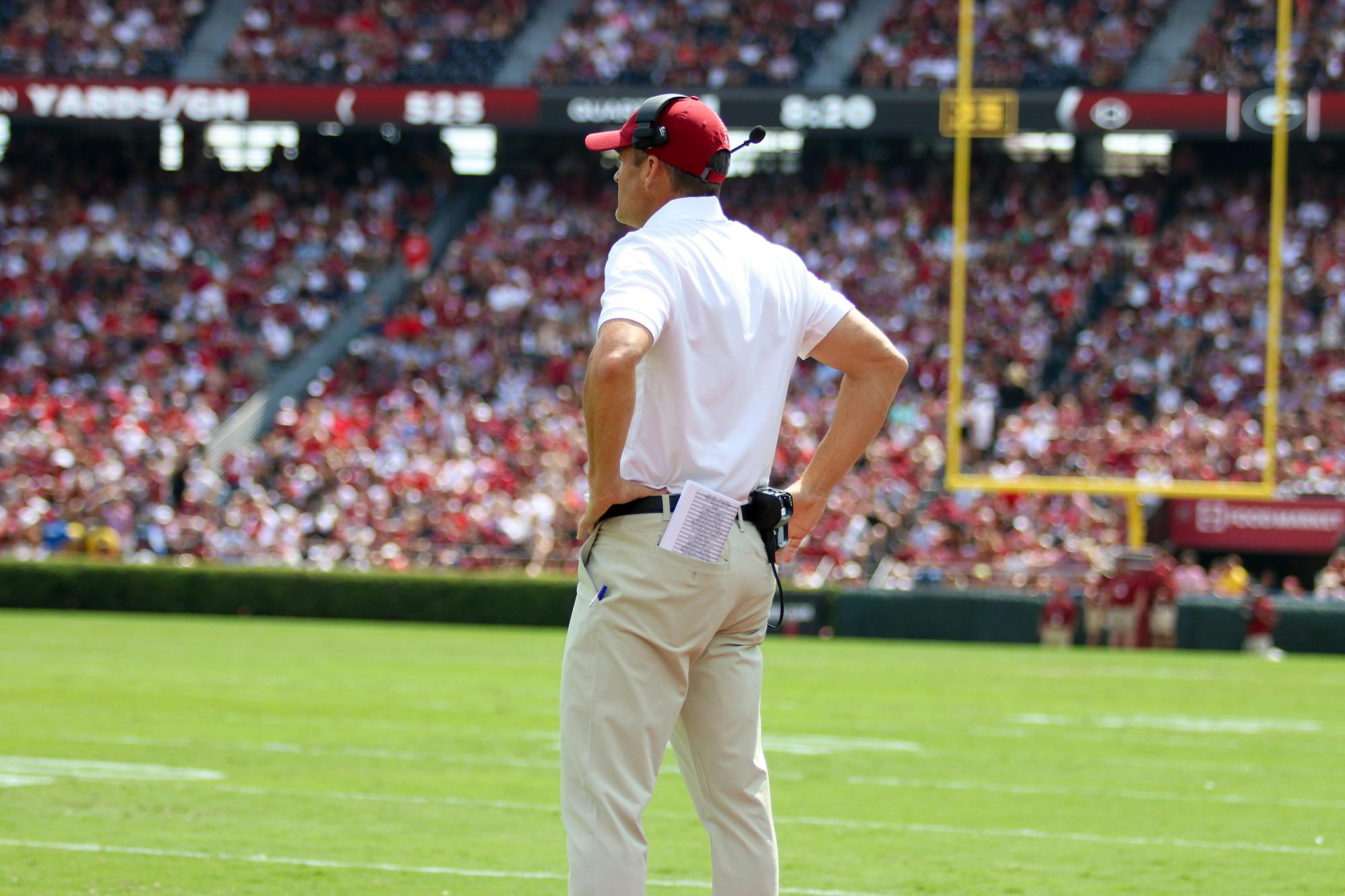 Head coach Shane Beamer looks out on the field during the Gamecock's disappointing game against Georgia on Sep. 17, 2022.