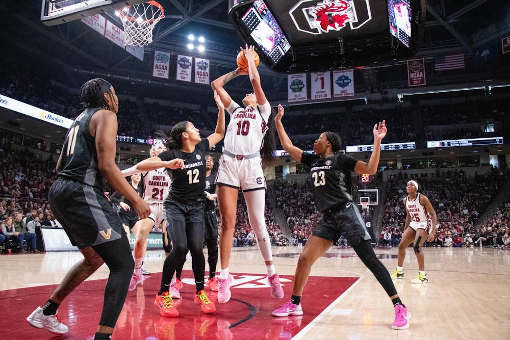 <p>FILE - Senior center Kamilla Cardoso goes up for a shot during South Carolina's game against Vanderbilt at Colonial Life Arena on Jan. 28, 2024. Cardoso announced on April 1, 2024 that she will be declaring for the 2024 WNBA Draft.</p>