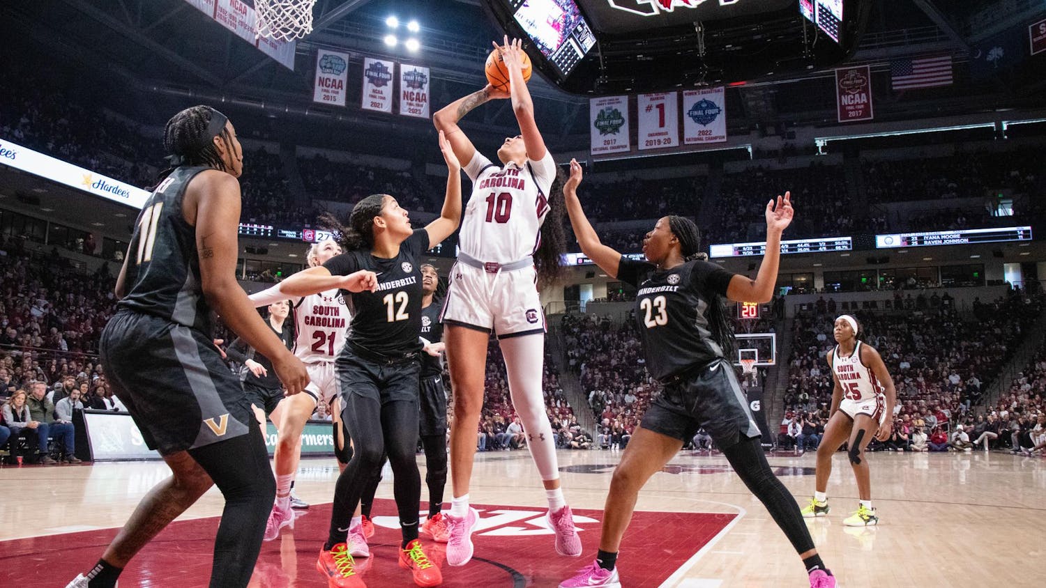 FILE - Senior center Kamilla Cardoso goes up for a shot during South Carolina's game against Vanderbilt at Colonial Life Arena on Jan. 28, 2024. Cardoso announced on April 1, 2024 that she will be declaring for the 2024 WNBA Draft.